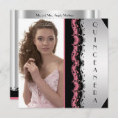 Pink Black Foto Quinceanera Einladung (Vorne/Hinten)