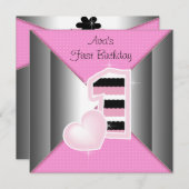 Pink Black Girls 1. Geburtstag Party Einladung (Vorne/Hinten)