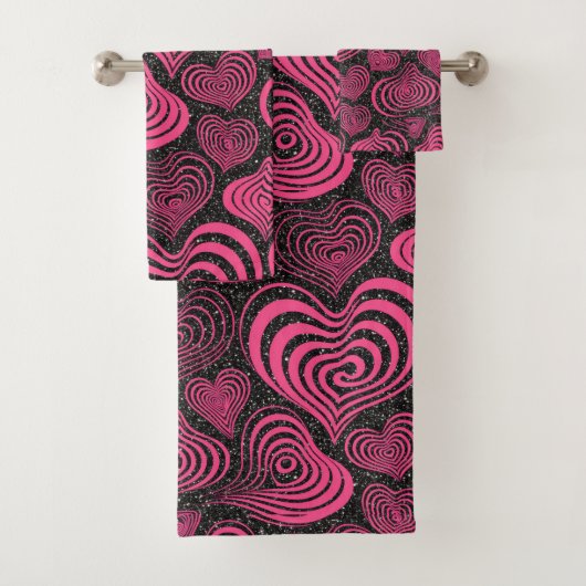 Pink Black Glam Abstract Heart Pattern Badhandtuch Set (Insitu)