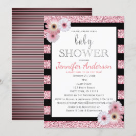 Pink Black Glamour Stripe Babydusche Einladung