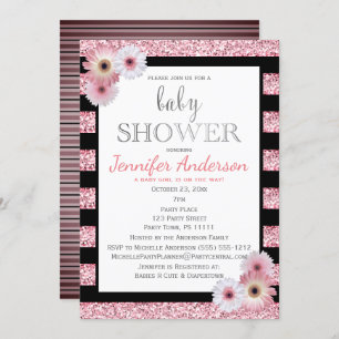 Pink Black Glamour Stripe Babydusche Einladung