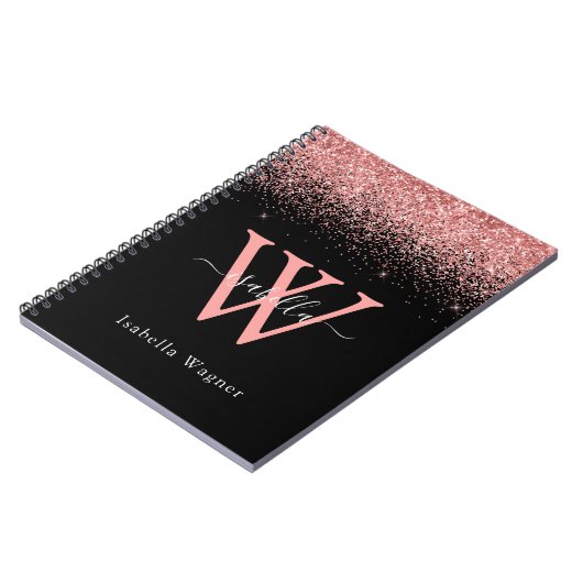 Pink Black Glitzer Elegantes Script Name Notebook Notizblock (Linke Seite)