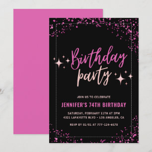 Pink Black Glitzer Glam 74. Geburtstagsparty Einladung