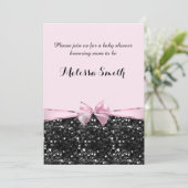 Pink & Black Glitzer Glam Bow Girls Babydusche Einladung (Stehend Vorderseite)