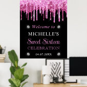 Pink & Black Glitzer Sweet 16 Willkommenszeichen Poster (Heimbüro)