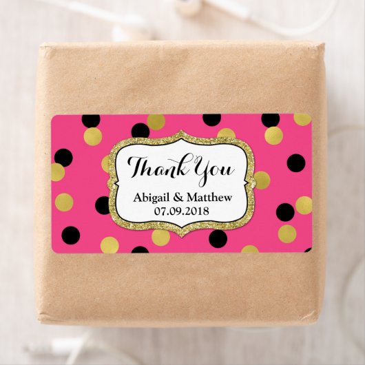 Pink Black Gold Confetti Wedding Labels (Insitu)