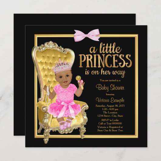 Pink Black Gold Ethnic Princess Baby Dusche Einladung (Vorne/Hinten)