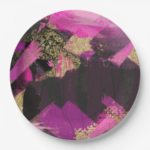 Pink Black Gold Glitter Moderne Pinsel Glam Grunge Pappteller