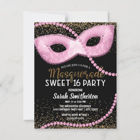 Pink Black Gold Glitzer Masquerade Sweet 16 Einladung (Vorderseite)