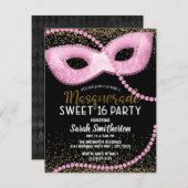 Pink Black Gold Glitzer Masquerade Sweet 16 Einladung (Vorne/Hinten)