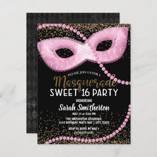 Pink Black Gold Glitzer Masquerade Sweet 16 Einladung (Vorne/Hinten)