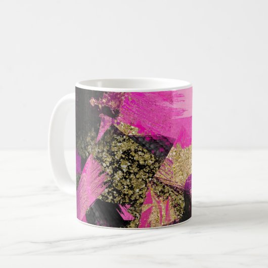 Pink Black Gold Glitzer Moderner Brush Glam Grunge Kaffeetasse (Vorderseite Links)