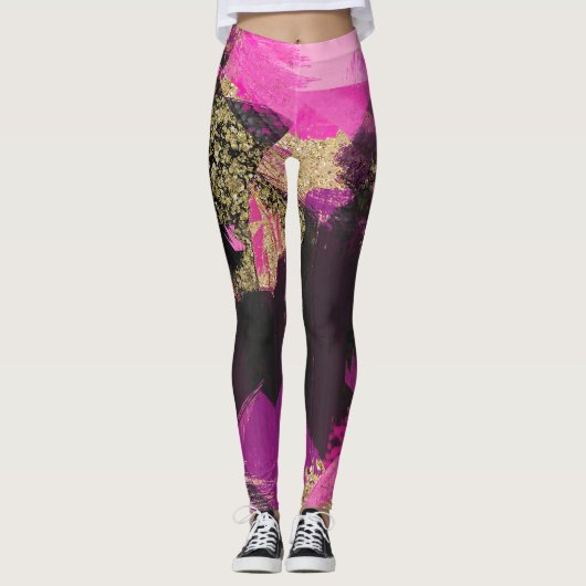 Pink Black Gold Glitzer Moderner Brush Glam Grunge Leggings (Vorderseite)