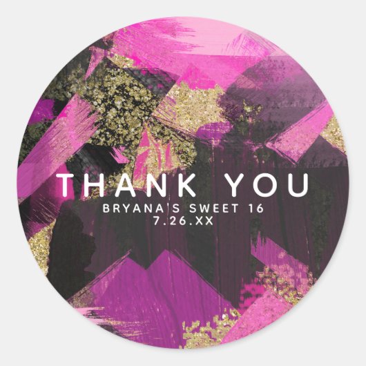 Pink Black Gold Glitzer Moderner Brush Glam Grunge Runder Aufkleber (Vorderseite)