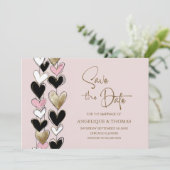 Pink Black Gold Hearts Wedding Save the Date (Stehend Vorderseite)