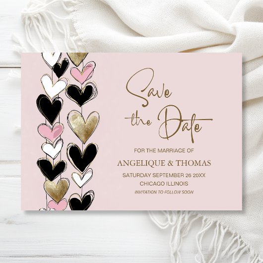 Pink Black Gold Hearts Wedding Save the Date