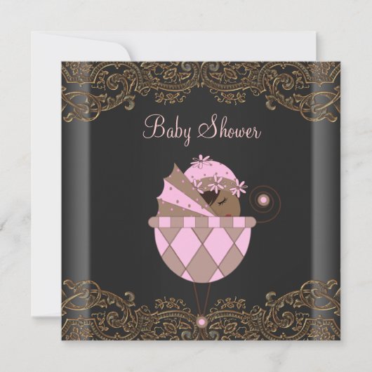 Pink Black Gold Lace Baby Girl Dusche Einladung (Vorderseite)