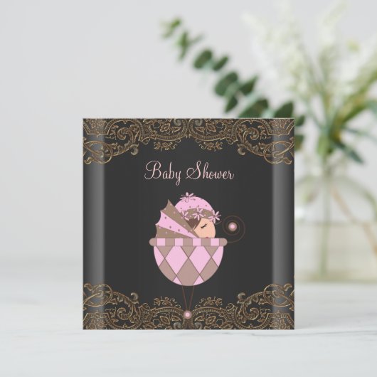 Pink Black Gold Lace Girl Baby Dusche Einladung (Stehend Vorderseite)