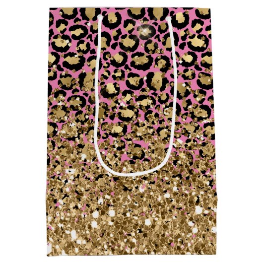 Pink Black Gold Leopard Glitzer Mittlere Geschenktüte (Rückseite)