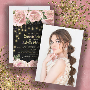 Pink Black Gold Lichterkette Stern Quinceañera Einladung