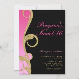 Pink Black & Gold Moderner Swirl Sweet 16 Party Einladung