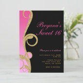 Pink Black & Gold Moderner Swirl Sweet 16 Party Einladung (Stehend Vorderseite)
