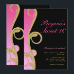 Pink Black & Gold Moderner Swirl Sweet 16 Party Einladung<br><div class="desc">Anpassen für jedes Ereignis</div>