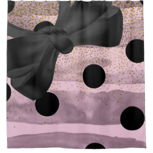 Pink & Black Gold Polka Dots Chic Bow Trendy Glam Duschvorhang