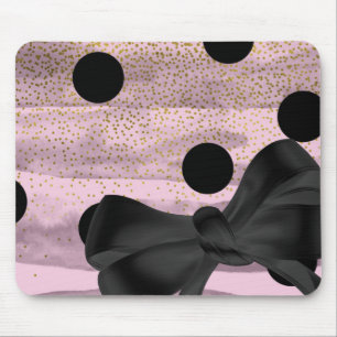 Pink & Black Gold Polka Dots Chic Bow Trendy Glam Mousepad