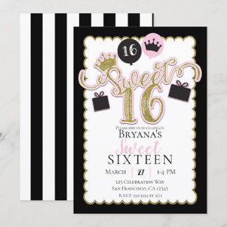 Pink Black Gold Sweet 16 Striped Geburtstagsparty Einladung