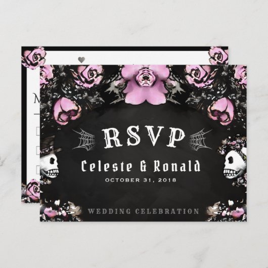 Pink & Black Gothic Roses & Skeleton RSVP Postcard Postkarte (Vorne/Hinten)