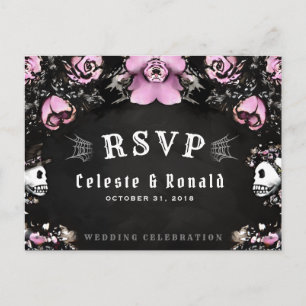 Pink & Black Gothic Roses & Skeleton RSVP Postcard Postkarte