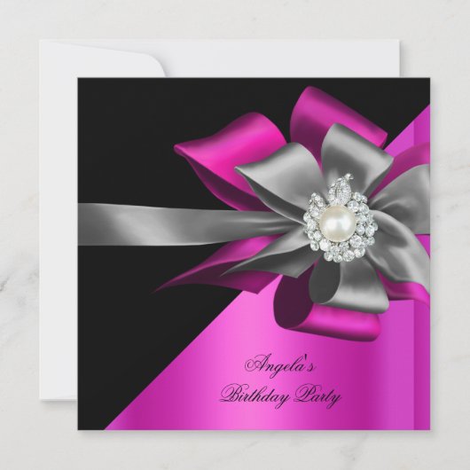 Pink Black Gray Silver Bow Pearl Birthday Party Einladung (Vorderseite)