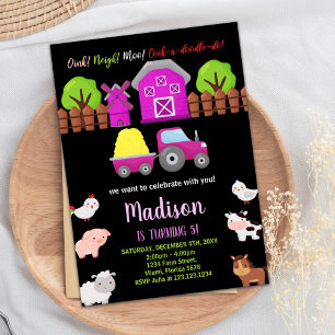 Pink Black Green Farm Animals Geburtstag Einladung