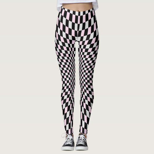Pink Black Grey Trippy Checker Board Pattern Leggings (Vorderseite)