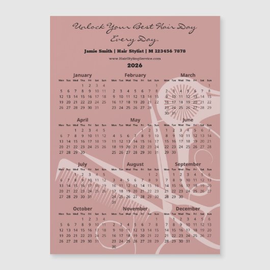 Pink Black Hair Stylist Tools 2026 Calendar Magnet (Vorderseite)