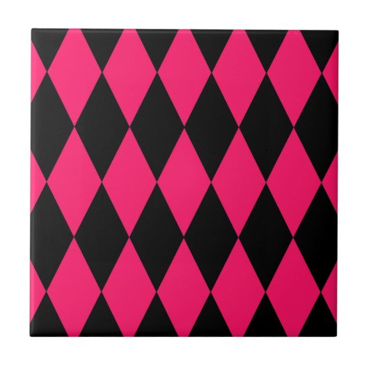 Pink Black Harlequin Diamonds Checkers Design  Fliese (Vorderseite)