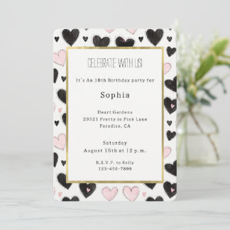 Pink Black Hearts Geburtstag Einladung