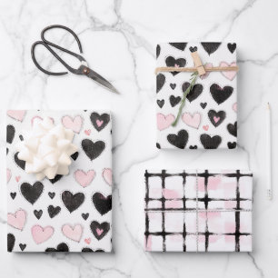 Pink Black Hearts Geburtstag Geschenkpapier Set
