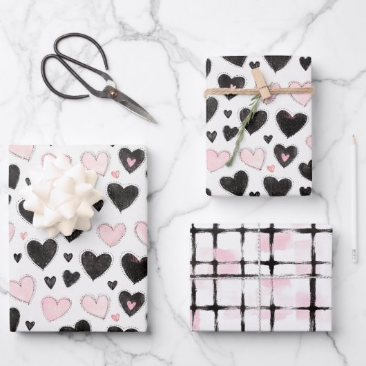 Pink Black Hearts Geburtstag Geschenkpapier Set (Vorderseite)