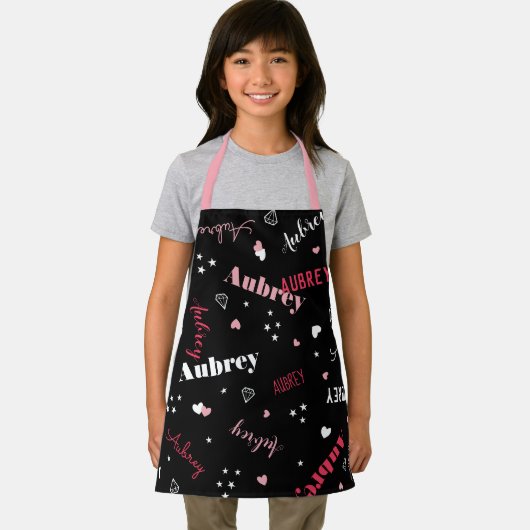 Pink Black Hearts Stars Diamanten Name Schürze (Insitu)