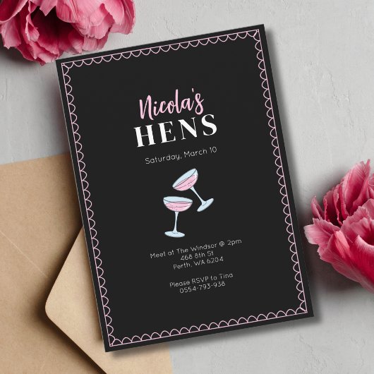 Pink Black Hens Party Cocktail Glas Einladung