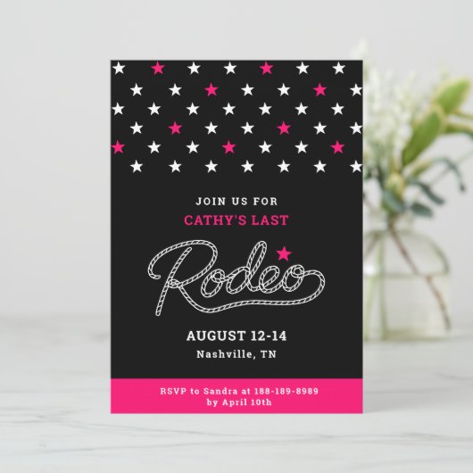 Pink Black Her Last Rodeo Bachelorette Party Einladung (Stehend Vorderseite)