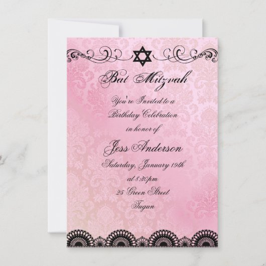 Pink & Black Lace Bat Mitzvah Birthday Einladung (Vorderseite)