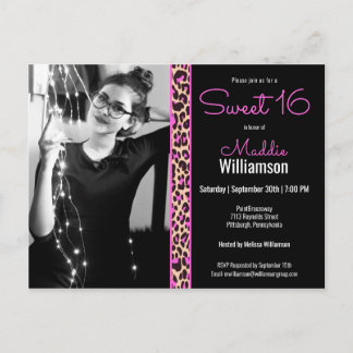 Pink & Black Leopard Foto Sweet 16 Einladung Postkarte