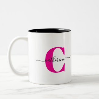Pink Black Minimalist Elegant Script Monogram Name Zweifarbige Tasse