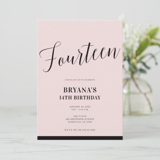 Pink Black Modern Minimal Script Vierzehn 14 14. Einladung (Stehend Vorderseite)