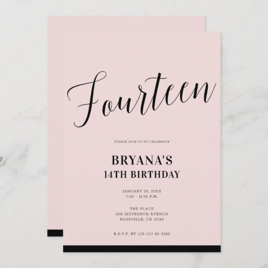 Pink Black Modern Minimal Script Vierzehn 14 14. Einladung (Vorne/Hinten)