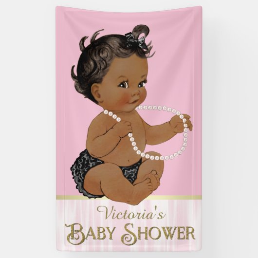 Pink Black Pearl African American Girl Baby Shower Banner (Vertikal)