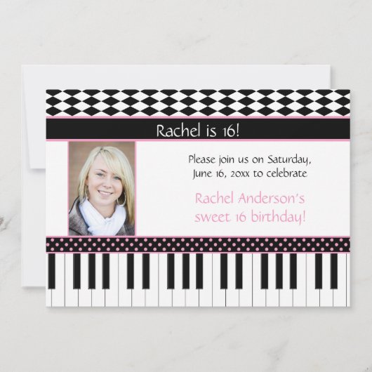 Pink Black Piano Thema Sweet 16 Geburtstag Einladung (Vorderseite)